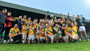 <p> Flor McCarthy, captain, celebrates with his Kilmoyley team after their victory over Courcey Rovers in the Munster Club IHC final at the Gaelic Grounds, Limerick. Picture Dan Linehan</p>