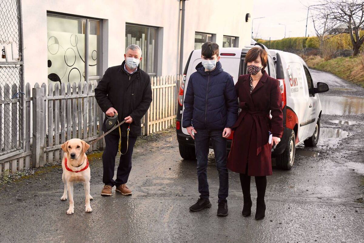 Pictured at today's ribbon cutting ceremony at Our Lady's Children's Hospital are Cian's family - his father, Enda; brother Shane; his mother, Evelyn and best pal Cooper. Pictured at today's ribbon cutting ceremony at Our Lady's Children's Hospital are Cian's family - his father, Enda; brother Shane; his mother, Evelyn and best pal Cooper.
