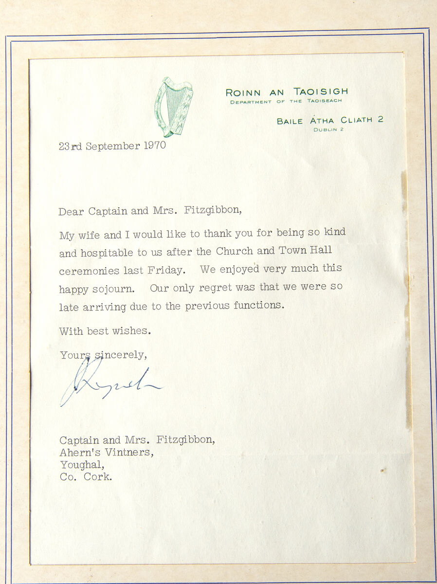  A note from former Taoiseach Jack Lynch at Aherne's Hotel &amp; Seafood Restaurant Youghal, Co Cork. Picture Dan Linehan