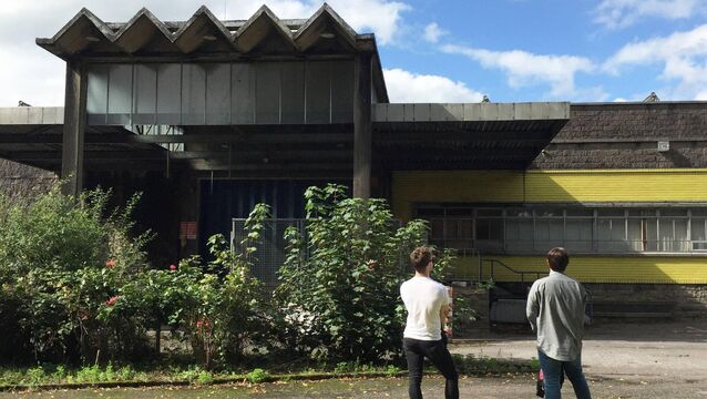 <p>An exterior view of the unique architecture of the former Cork Distillers bottling plant designed by Frank Murphy in 1964.</p>