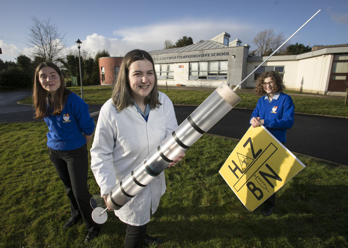 Charlie Coyle, Sarah McNeely, and Hannah Tinney, students at The Royal and Prior School, Raphoe, Co. Donegal with their project 'The Haz-Bin An Innovative Hazardous Waste Bin that removes the possibility of contamination, aimed for hospitals and health facilities'. Picture: Fennell Photography
Charlie Coyle, Sarah McNeely, and Hannah Tinney, students at The Royal and Prior School, Raphoe, Co. Donegal with their project 'The Haz-Bin An Innovative Hazardous Waste Bin that removes the possibility of contamination, aimed for hospitals and health facilities'. Picture: Fennell Photography