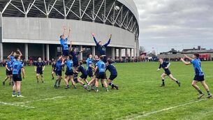 <p>Colaiste Phobail Bheanntraí throw into a lineout during the first half of this afternoon's Pinergy Munster Schools Senior Cup clash. Pic via Munster Rugby</p>