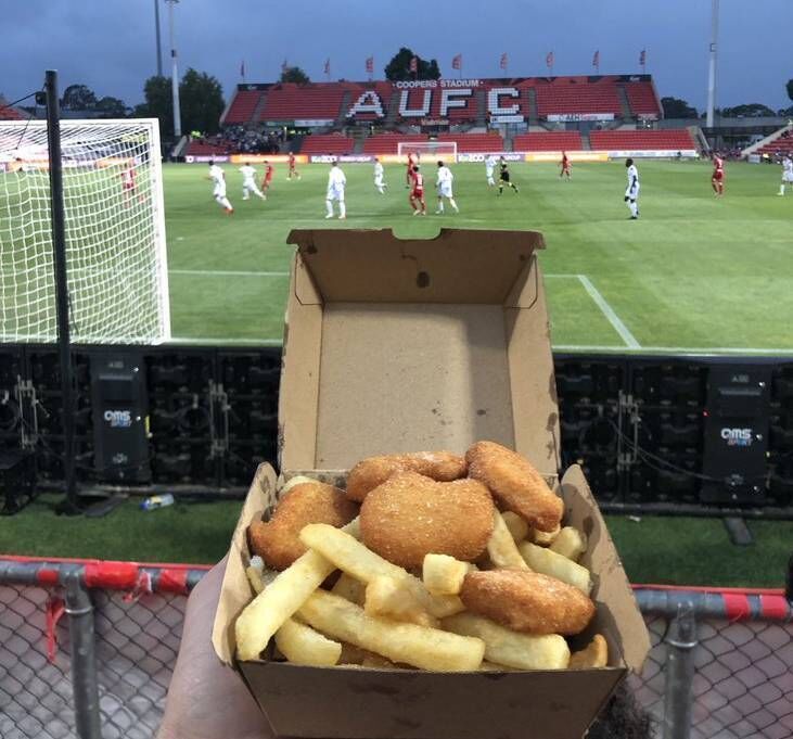 Chicken nuggets and chips at Adelaide United via @FootyScran Chicken nuggets and chips at Adelaide United via @FootyScran