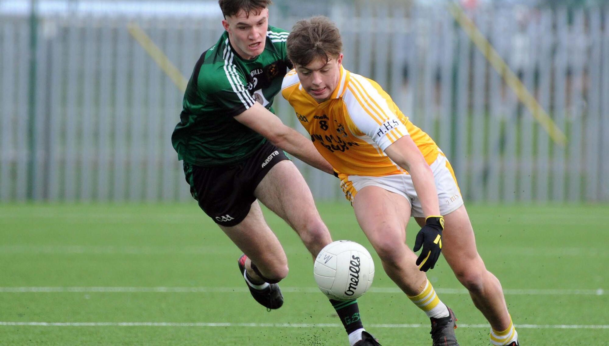 EDGE: Hamilton High School's Jacob O'Driscoll wins possession from Mercy Mounthawk's Cillian Litchfield in the Corn Uí Mhuirí at Bishopstown. 