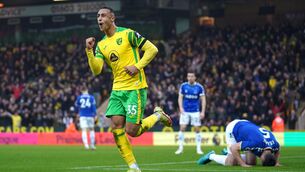 <p>IDAH'S A WINNER: Norwich’s Irish Adam Idah celebrates as the Canaries beat Everton</p>