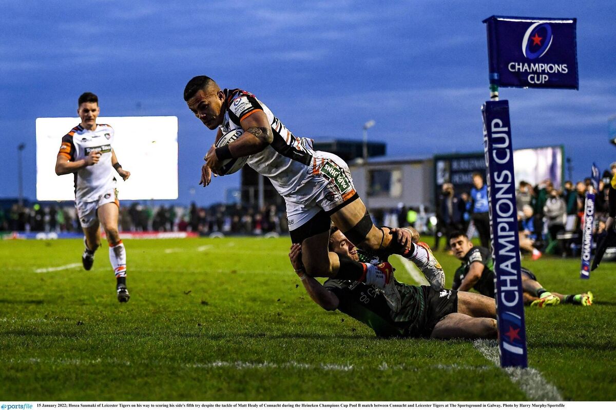TIGHT CALL: Foot in touch or no? Leicester's Hosea Saumaki wriggles free to touch down at The Sportsground. Pic: Harry Murphy, Sportsfile