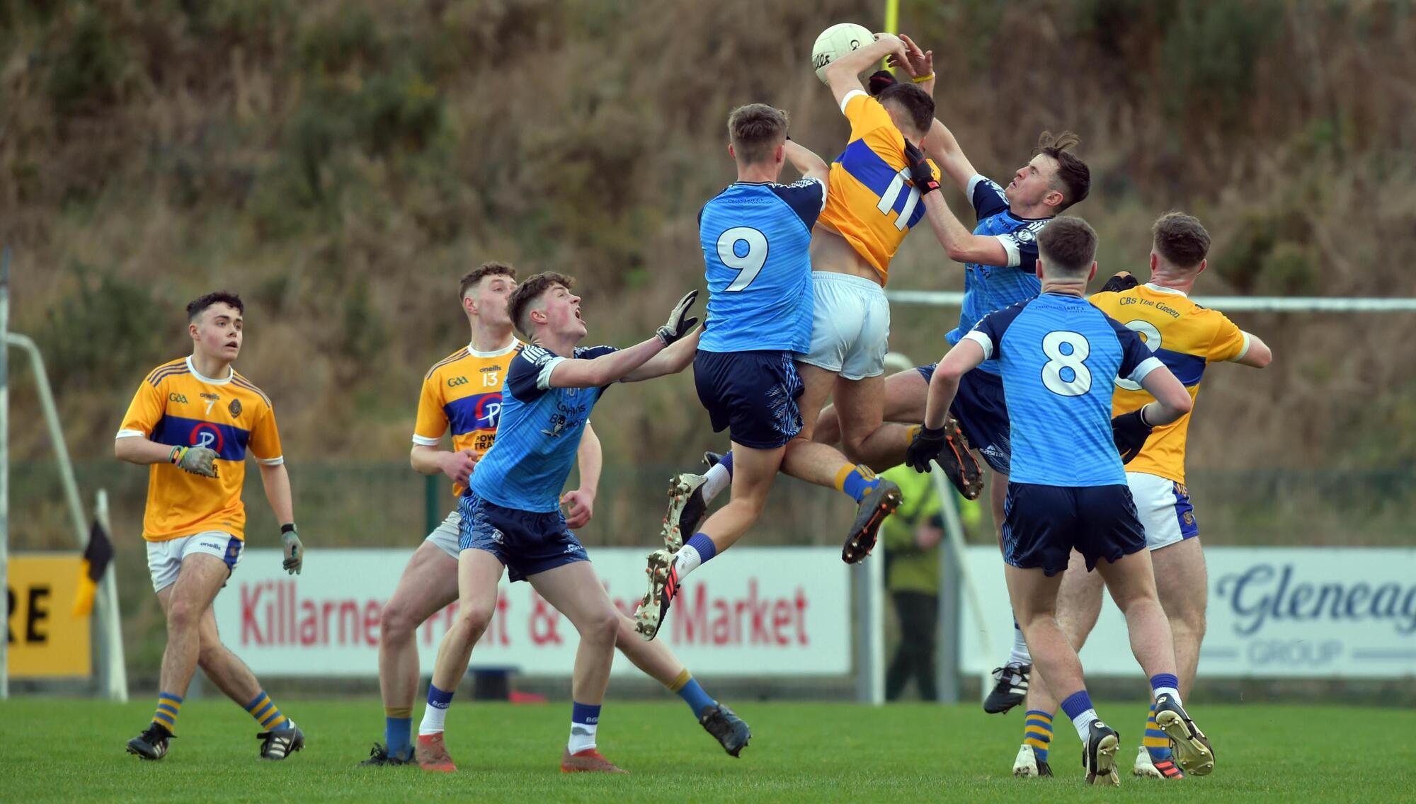 FINE FETCH: Tralee CBS Tom O'Donnell goes highest for the ball in Corn Ui Mhuiri clash with Clonakilty CC in Killarney on Saturday.