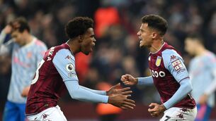 <p>Philippe Coutinho of Aston Villa celebrates with teammate Carney Chukwuemeka after scoring their equaliser against Manchester Utd at Villa Park on Saturday evening. </p>