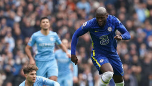 <p>Chelsea's Romelu Lukaku (right) skips away from Manchester City's John Stones during the Premier League match at Etihad Stadium, Manchester. Picture. Martin Rickett/PA Wire </p>