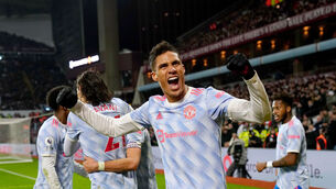 <p>Manchester United's Raphael Varane celebrates after team-mate Bruno Fernandes scores their side's second goal of the game during the Premier League match at Villa Park, Birmingham. Picture  Nick Potts/PA Wire. </p>