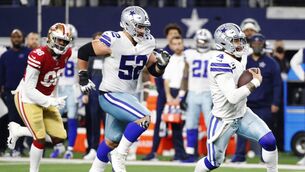 <p>SCRAMBLING: Cowboys QB Dak Prescott on the ill-judged game-ending run against the San Francisco 49ers in Arlington, Texas. </p>