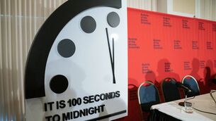 <p>Bulletin of the Atomic Scientists cite worsening nuclear threat, lack of climate action and the rise of "cyber-enabled disinformation campaign" in moving the doomsday clock to 100 seconds before midnight. Picture: Ken Cedeno/UPI</p>