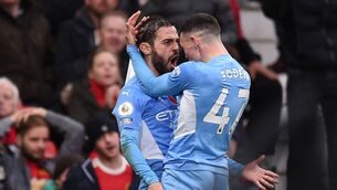<p>Manchester City midfielder Bernardo Silva (L) celebrates scoring his team’s second goal with Phil Foden against Manchester United at Old Trafford. City’s football has been branded ‘soulless’ and boring in recent months. <span class="contextmenu emphasis CaptionCredit">Picture: Oli Scarff/AFP via Getty Images</span>
            </p>