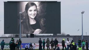 <p>A photo of murdered school teacher Ashling Murphy displayed on the big screen at half time during the Connacht v Leicester Tigers Champions Cup rugby match at The Sportsground in Galway. Picture: Thomas Ash</p>
