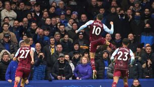 <p>Aston Villa's Emiliano Buendia celebrates scoring their side's goal in front of angry Everton fans during the Premier League match at Goodison Park Park. Picture: Peter Byrne/PA Wire.</p>