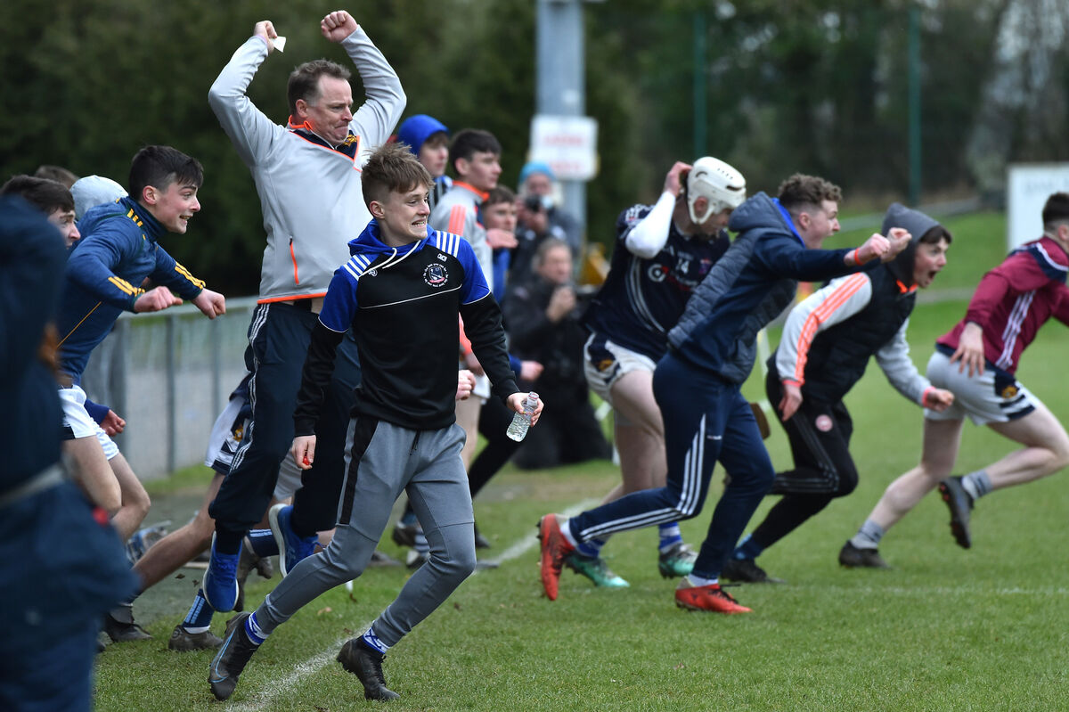  St. Josephs, Tulla coach Terence Fahy celebrates at the final whistle after his side defeated De La Salle, Waterford in the TUS Dr. Harty Cup U19 A hurling semi-final at Mallow, Co Cork. Picture Dan Linehan
