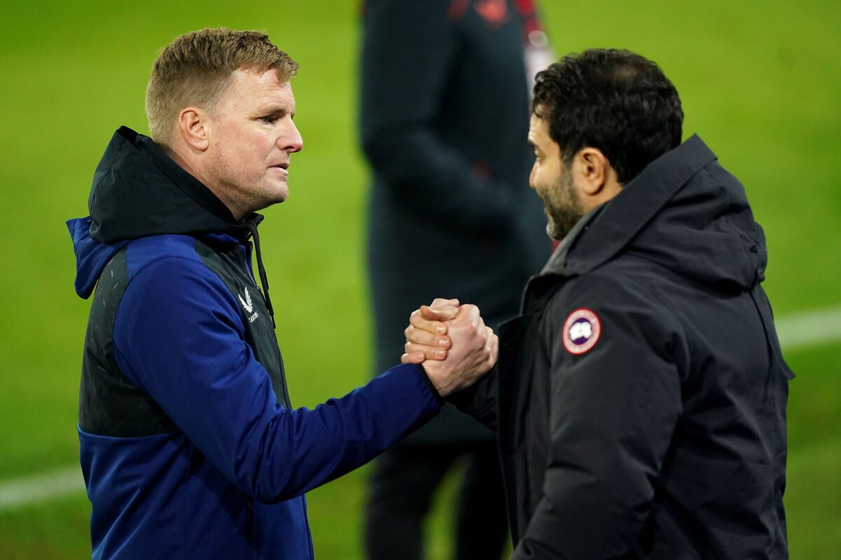 Newcastle United manager Eddie Howe with club owner Mehrdad Ghodoussi following the Premier League match at Elland Road. Picture: Mike Egerton/PA Wire