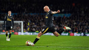 <p>Newcastle United's Jonjo Shelvey scores the opening goal during the Premier League match at Elland Road. Picture: Mike Egerton/PA Wire.</p>