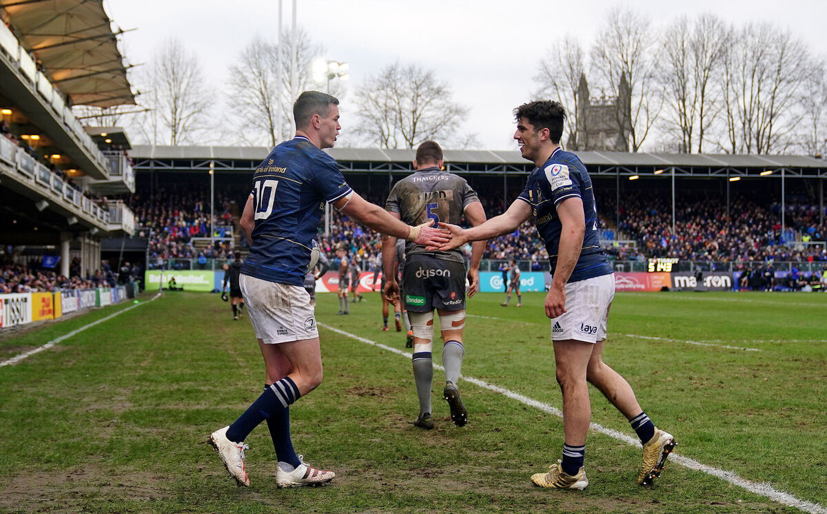 Leinster's Johnny Sexton (left) and Jimmy O’Brien celebrate after a try against Bath, during the Heineken Champions Cup, Pool A match at The Recreation Ground. Picture: David Davies/PA Wire