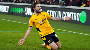 <p>Wolverhampton Wanderers' Ruben Neves celebrates scoring his side's second goal during the Premier League match at Brentford Community Stadium. Picture: Nick Potts/PA Wire</p>