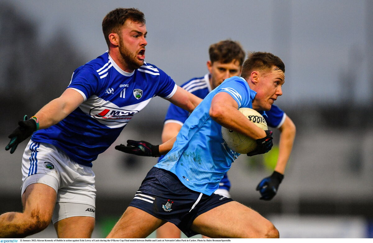 Kieran Kennedy of Dublin in action against Eoin Lowry of Laois during the O'Byrne Cup final match between Dublin and Laois at Netwatch Cullen Park. Picture: Daire Brennan/Sportsfile Kieran Kennedy of Dublin in action against Eoin Lowry of Laois during the O'Byrne Cup final match between Dublin and Laois at Netwatch Cullen Park. Picture: Daire Brennan/Sportsfile