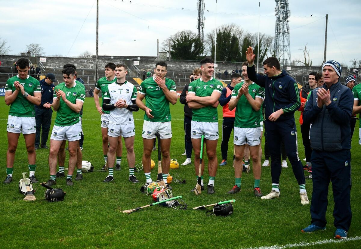 Limerick players and Manager John Kiely, right, after the 2022 Co-op Superstores Munster Hurling Cup final. Picture: Ray McManus/Sportsfile