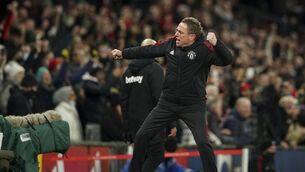 <p>Manchester United's manager Ralf Rangnick celebrates. Picture: AP Photo/Dave Thompson</p>