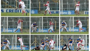 <p>Anthony Nash scores a goal from a penalty in a 2014 Allianz League game against Tipperary Mandatory Credit ©INPHO/James Crombie</p>