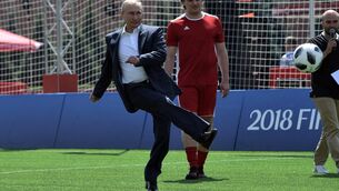 <p>Vladimir Putin takes aim during a visit to the 2018 World Cup Football Park in Red Square. The goal of taking Ukraine is wide open for the Russian president, who undoubtedly senses the weakness in western powers’ resolve. <span class="contextmenu emphasis CaptionCredit">	Picture: Russian Information Office/Anadolu/Getty</span>
            </p>
