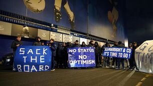 <p>Everton fans protest outside Goodison Park (Peter Byrne/PA)</p>