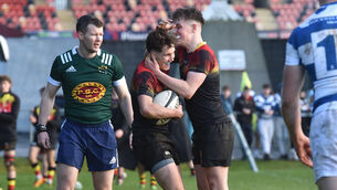 <p> Ardscoil Rís scrum-half Evin Crowe celebrates his try with Jamie O'Mahony. Picture: Dan Linehan</p>