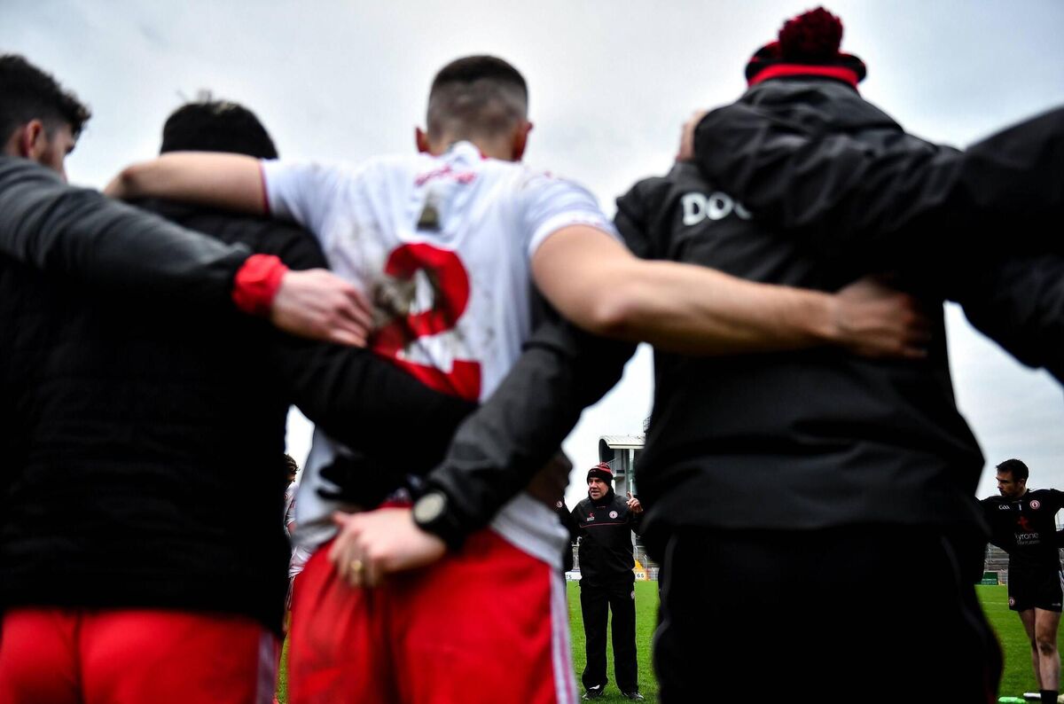 Tyrone joint manager Feargal Logan speaks to his players after the Dr McKenna Cup game with Armagh. Picture: David Fitzgerald/Sportsfile