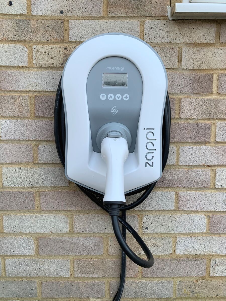A Zappi domestic charger which is programmed to use excess power from the PV system to charge an EV car as well as being used for conventional Grid charging.