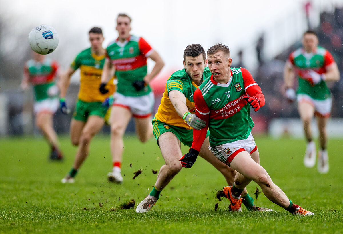 Donegal's Eoghán Bán Gallagher with Ryan O’Donoghue of Mayo. Picture: INPHO/James Crombie Donegal's Eoghán Bán Gallagher with Ryan O’Donoghue of Mayo. Picture: INPHO/James Crombie