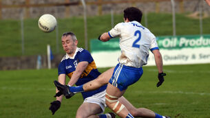 <p>Waterford's Liam Fennell has his goalbound shot blocked by Tipperary's Willie Eviston. Picture: Eddie O'Hare</p>