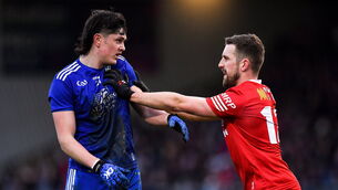 <p>Gary Mohan of Monaghan, left, and Niall Sludden of Tyrone tussle during the Allianz Football League match. Picture: Brendan Moran/Sportsfile</p>