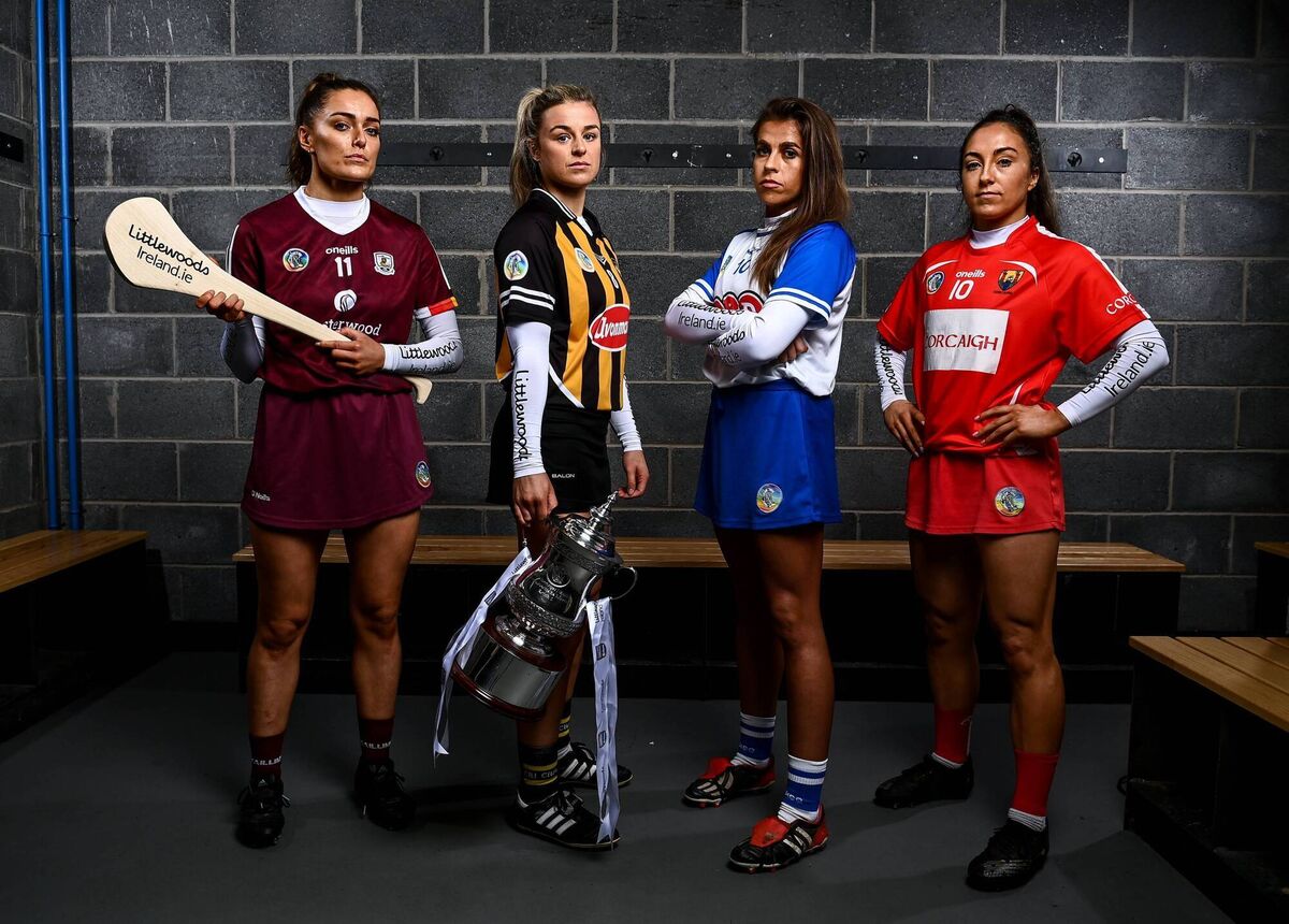 From left, Orlaith McGrath of Galway, Grace Walsh of Kilkenny, Niamh Rockett of Waterford and Amy O'Connor of Cork during the launch of the Littlewoods Ireland Camogie Leagues at Clanna Gael Fontenoy GAA Club in Dublin. Picture: David Fitzgerald/Sportsfile