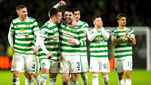 <p>Celtic's Ben Doak (second left) and Greg Taylor celebrate after the cinch Premiership match at Celtic Park. Picture: Jane Barlow</p>