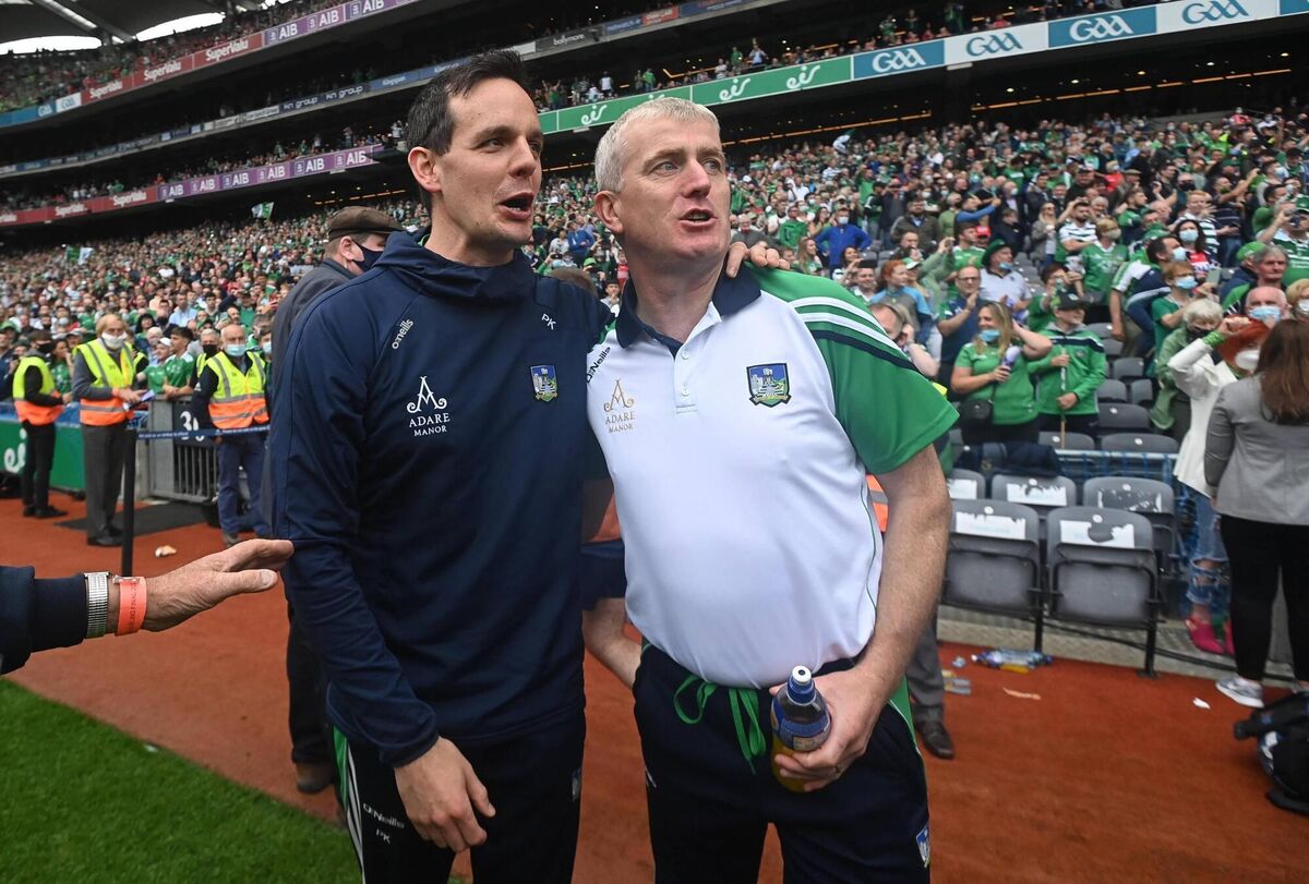 Limerick manager John Kiely, right, and coach Paul Kinnerk after the 2021 All-Ireland final win over Cork. Picture: Ramsey Cardy/Sportsfile Limerick manager John Kiely, right, and coach Paul Kinnerk after the 2021 All-Ireland final win over Cork. Picture: Ramsey Cardy/Sportsfile