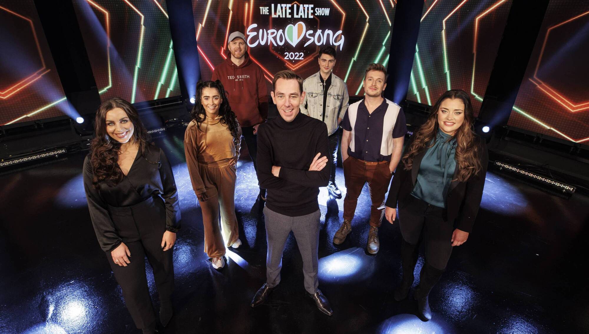 Pictured at The Late Late Eurosong Special studio ahead of Friday night’s show is host Ryan Tubridy, with the six Eurosong hopefuls Rachel Goode, Brooke Scullion, Miles Graham, Brendan Murray, Patrick O'Sullivan and Janet Grogan. Picture Andres Poveda