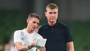 <p>7 September 2021; Republic of Ireland manager Stephen Kenny with coach Anthony Barry during the FIFA World Cup 2022 qualifying group A match between Republic of Ireland and Serbia at the Aviva Stadium in Dublin. Photo by Harry Murphy/Sportsfile</p>