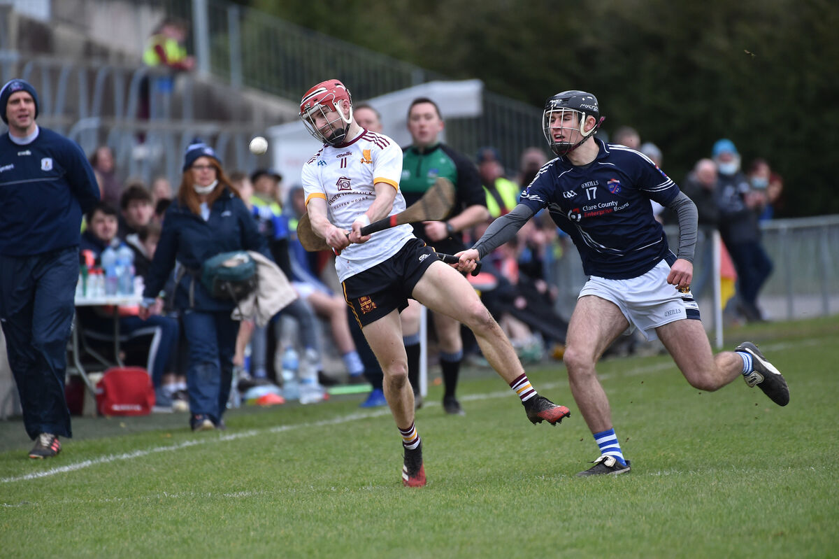  Evan Maxted Clooney, St. Josephs, Tulla looking to block down Paddy Fitzgerald, De La Salle, Waterford in the TUS Dr. Harty Cup U19 A hurling semi-final at Mallow, Co Cork. Picture Dan Linehan