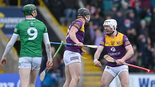 <p>William O'Donoghue of Limerick looks on as Mikie Dwyer of Wexford celebrates with team mate Oisín Foley after scoring a goal. Picture: Ray McManus/Sportsfile</p>