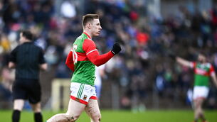 <p>Ryan O'Donoghue of Mayo celebrates after scoring his side's first goal during the Allianz League win over Monaghan. Picture: David Fitzgerald/Sportsfile</p>