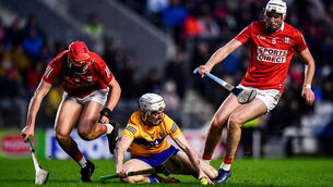 <p>Ryan Taylor of Clare in action against Ciaran Joyce, left, and Tim O'Mahony of Cork during the Allianz Hurling League clash at Páirc Ui Chaoimh. Picture: Ben McShane/Sportsfile</p>
