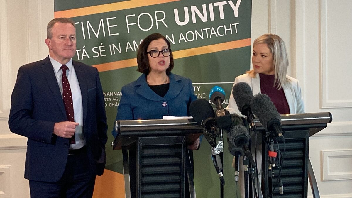 Sinn Féin Finance Minister Conor Murphy, party president Mary-Lou McDonald and Stormont leader Michelle O'Neill react at the Europa Hotel in Belfast to the resignation of First Minister Paul Givan (DUP). Picture: Rebecca Black/PA Wire