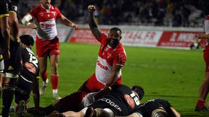 <p>Steffon Armitage celebrates victory for Biarritz Olympique against La Rochelle at the Aguilera Stadium. </p>