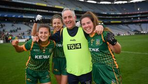 <p>Meath manager Eamonn Murray celebrates with players, from left, Emma Troy, Niamh O'Sullivan and Shauna Ennis following the TG4 All-Ireland Senior Ladies Football Championship semi-final win over Cork. Picture: Stephen McCarthy/Sportsfile</p>