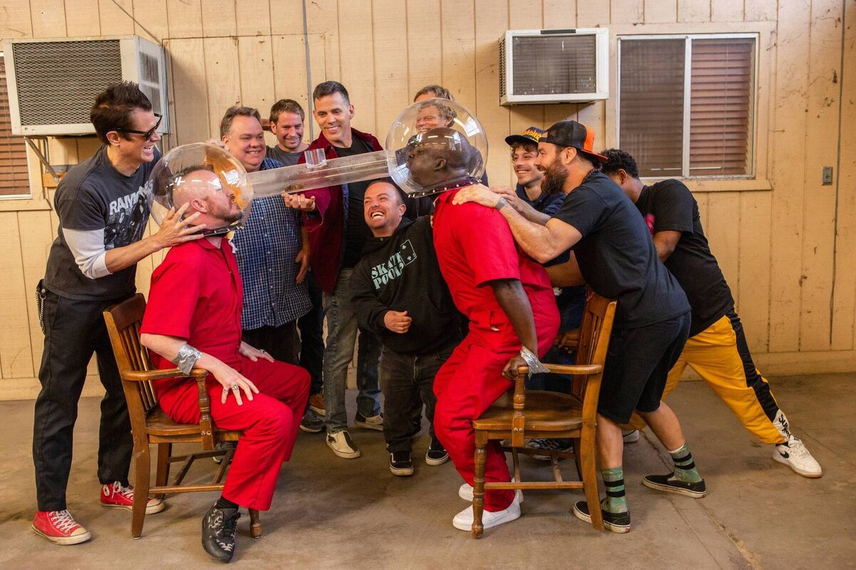 The Jackass Forever crew, L-R: Johnny Knoxville, Ehren McGhehey, Preston Lacy, Sean "Poopies" McInerny, Steve-O, Dave England, Wee Man, Dark Shark, Chris Pontius, Jasper and Nick Merlino. The Jackass Forever crew, L-R: Johnny Knoxville, Ehren McGhehey, Preston Lacy, Sean "Poopies" McInerny, Steve-O, Dave England, Wee Man, Dark Shark, Chris Pontius, Jasper and Nick Merlino.