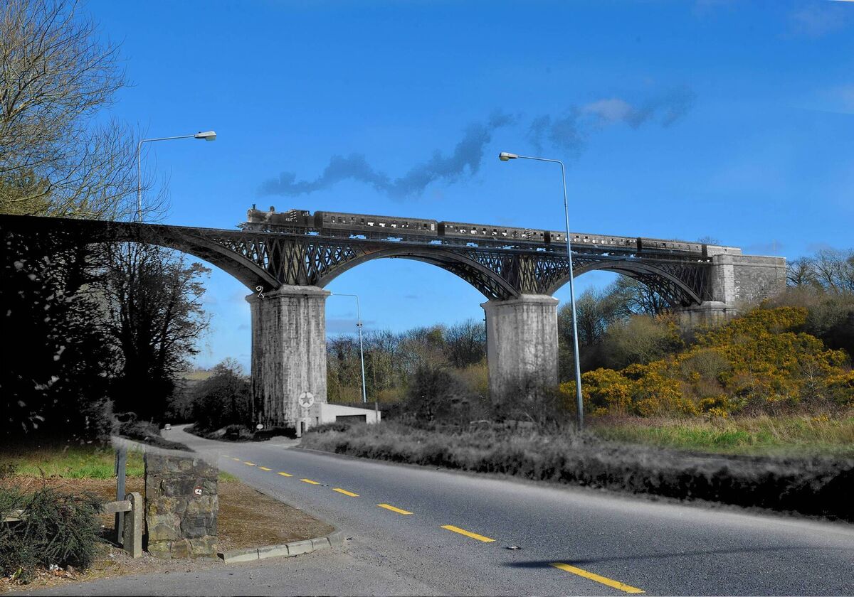 NOW AND THEN CORK CITY : Train crossing the Chetwynd Viaduct circa 1961 merged with a photo taken in 2017 at the same location. NOW AND THEN CORK CITY : Train crossing the Chetwynd Viaduct circa 1961 merged with a photo taken in 2017 at the same location.
